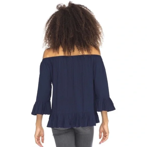 Embroidered Ruffled Hem and Cuffs Off Shoulder Top - Picture 2 of 7